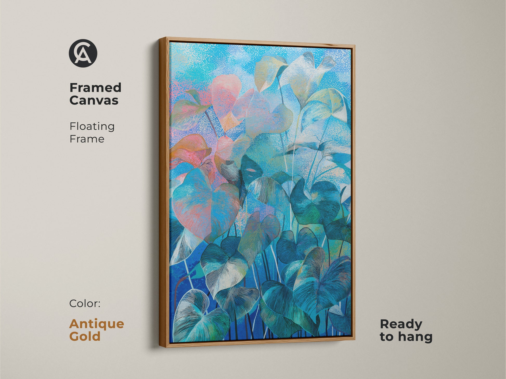 This image displays print presentation options. You can see poster prints stretched canvas and framed canvas options. Frame color options include white black brown and antique gold.