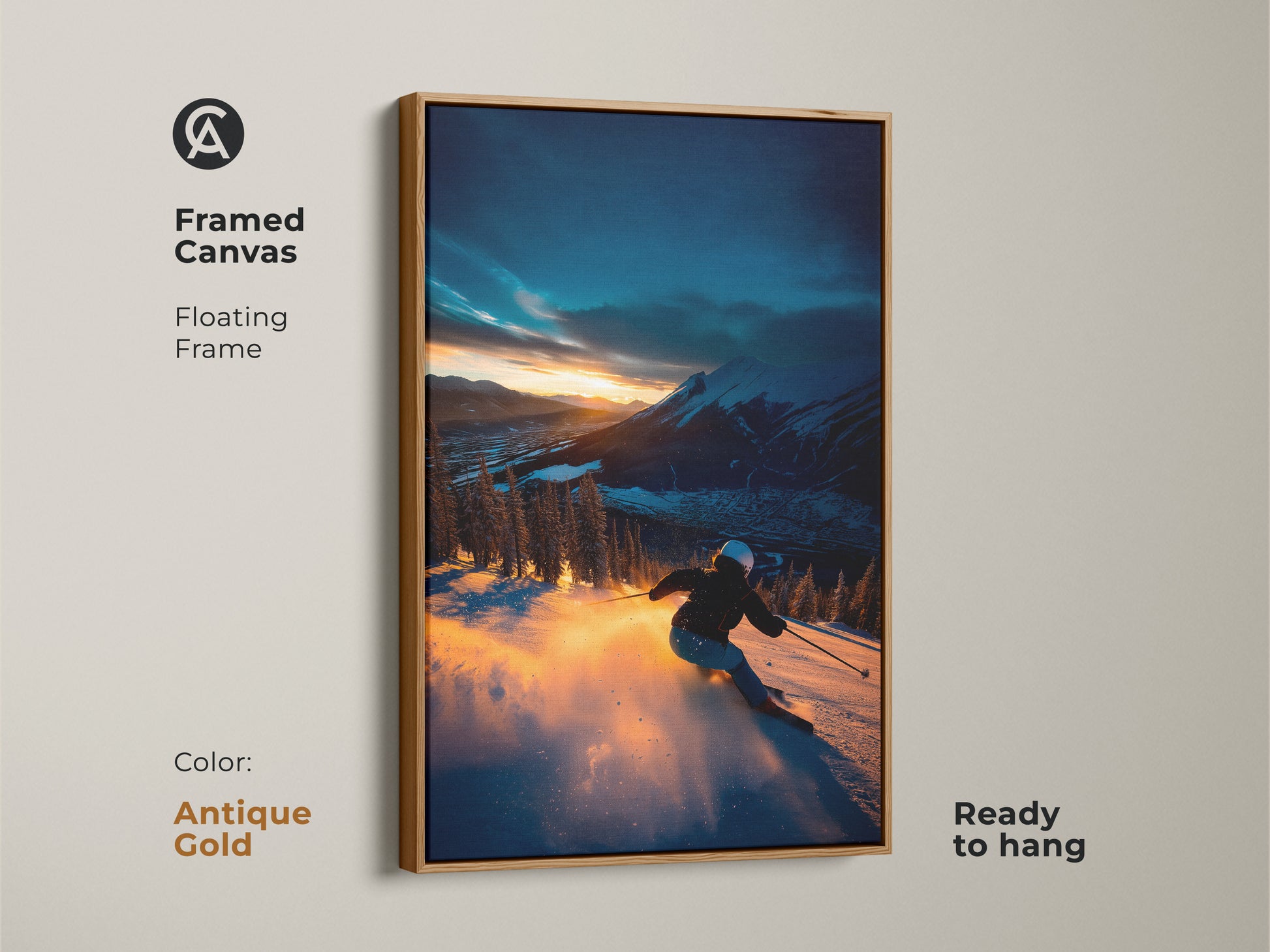 This framed canvas art captures a skier descending a mountain during a vibrant sunset. The antique gold floating frame adds a touch of elegance to this dynamic scene. Ready to hang this piece makes a statement in any space. A perfect choice for art collectors seeking framed artwork.