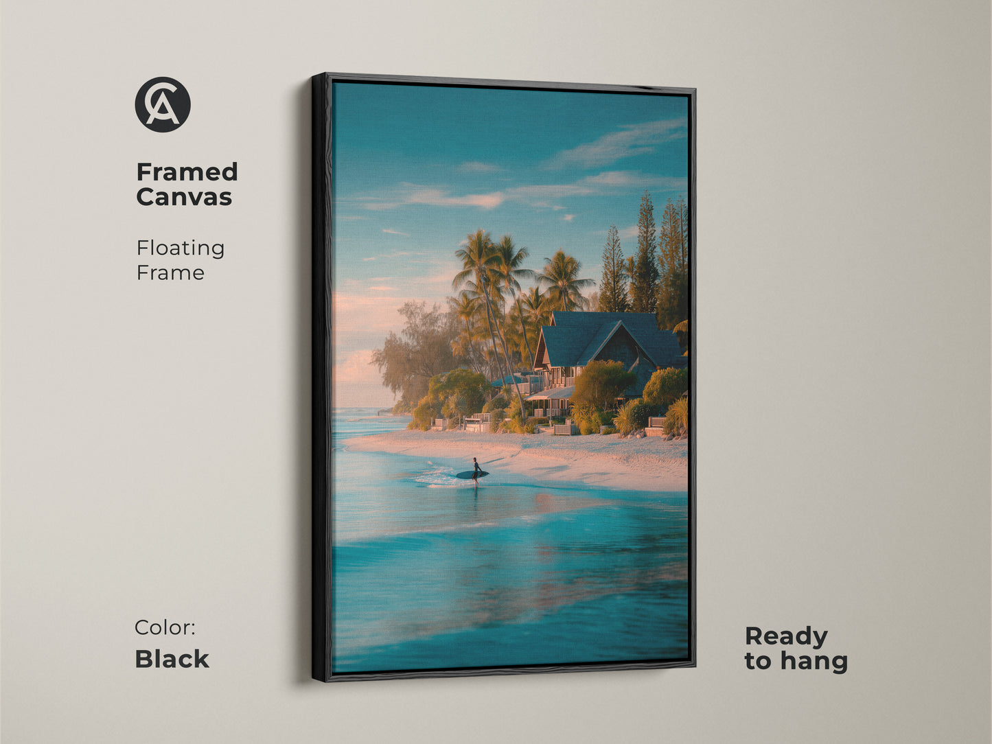 Black framed canvas artwork displaying a tranquil beach scene. The artwork features a surfer in turquoise water. Palm trees and a beach house enhance the coastal vibe. The floating frame adds a modern touch. Ready to hang this framed art creates a serene atmosphere.