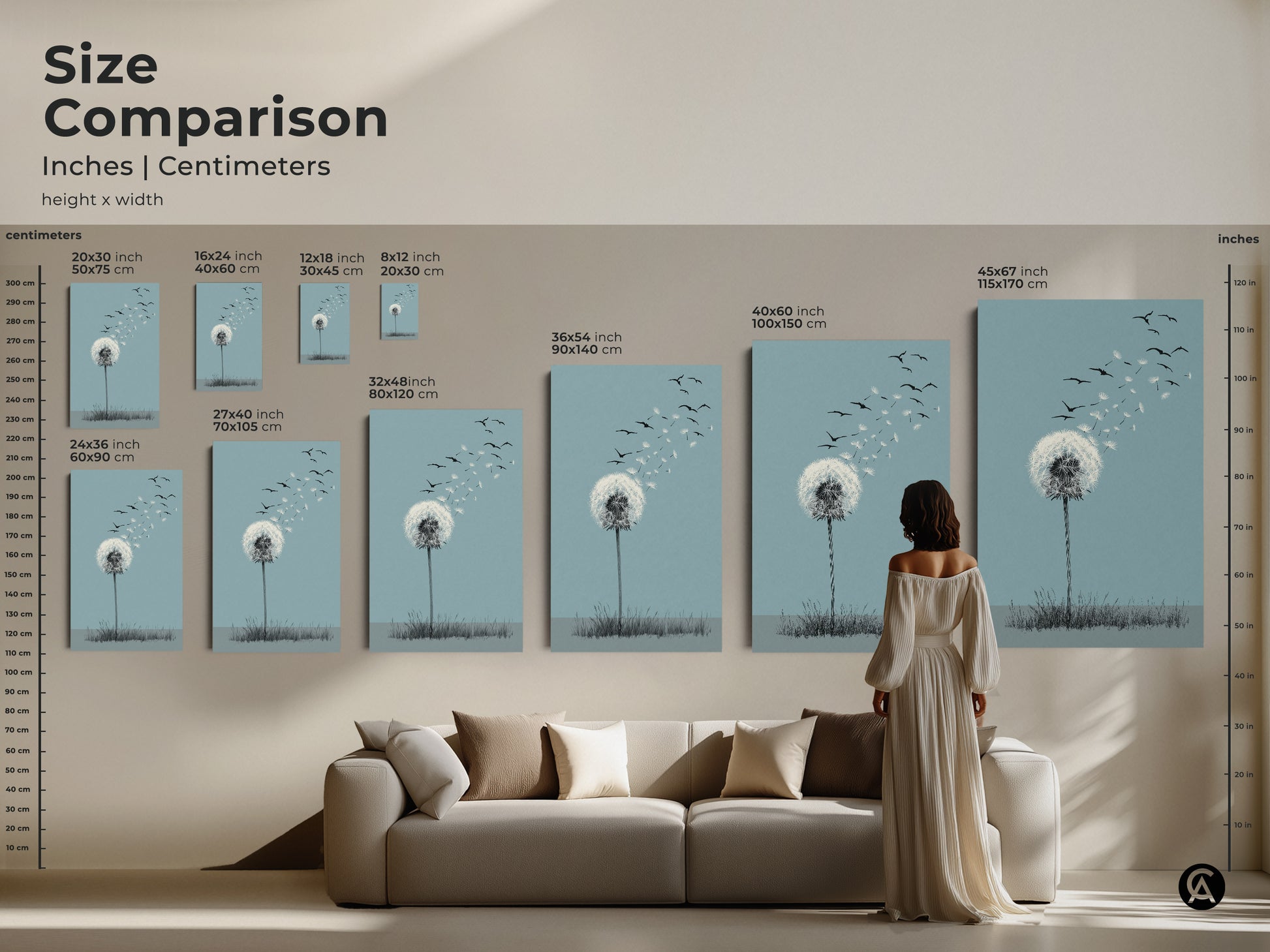 Size comparison of dandelion art print. See the artwork in various sizes from small to large. The minimalist botanical line art is showcased in a sky blue palette. Perfect for creating a Scandinavian home art atmosphere. This nature inspired wall art adds gentle movement to any living space. Find the perfect fit for your decor.