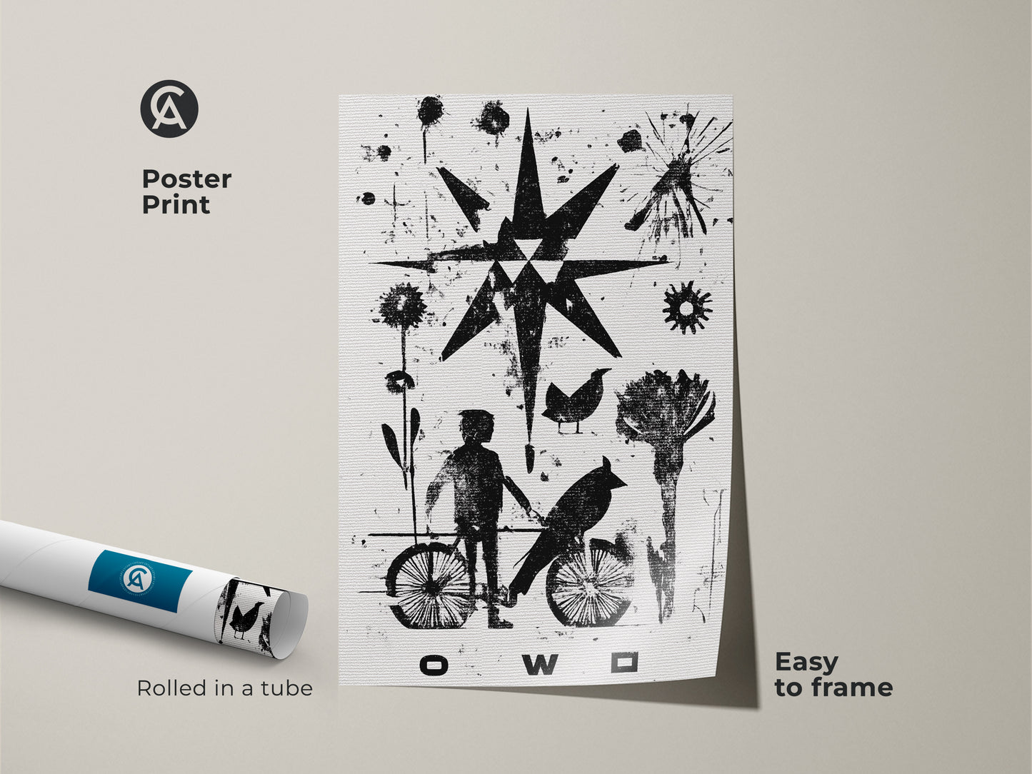 Poster print of an abstract linocut wall art. Rolled in a tube and easy to frame this black and white art print features a minimalist child and bird design. The eclectic figurative canvas adds graphic art decor to a monochrome bedroom. A unique art for home.