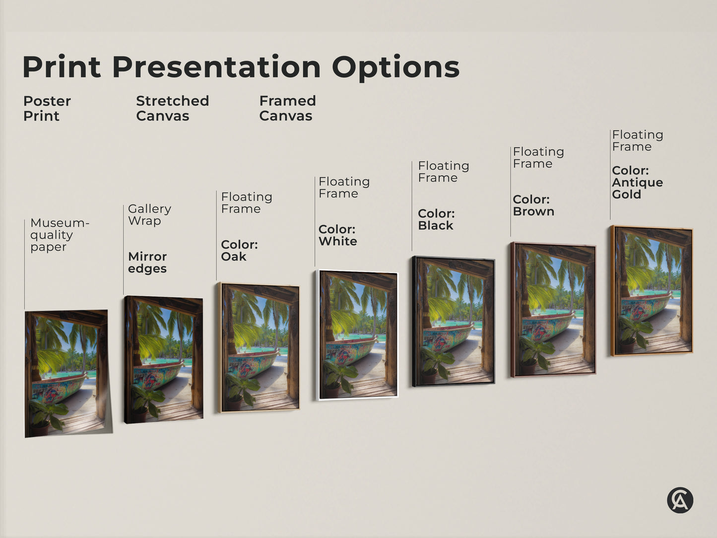 Explore print options like posters stretched canvas and framed canvas. This artwork features graffiti boat art with tropical palm trees. Choose your ideal presentation.