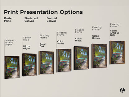 Explore print options like posters stretched canvas and framed canvas. This artwork features graffiti boat art with tropical palm trees. Choose your ideal presentation.