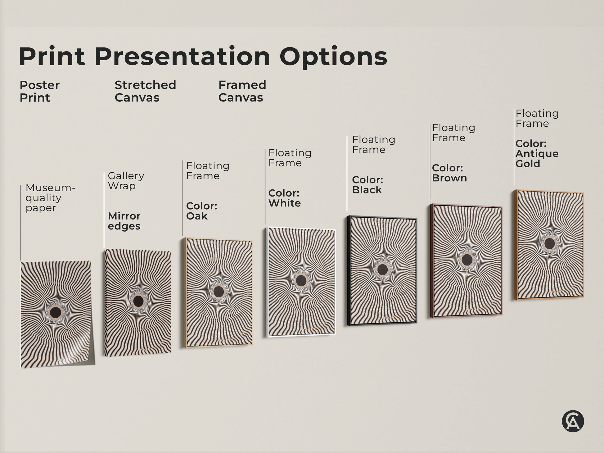 Explore print presentation options for abstract geometric artwork. Choose from poster prints stretched canvas and framed canvas. Floating frames are available in white black brown and antique gold. Enhance your minimalist home decor today.