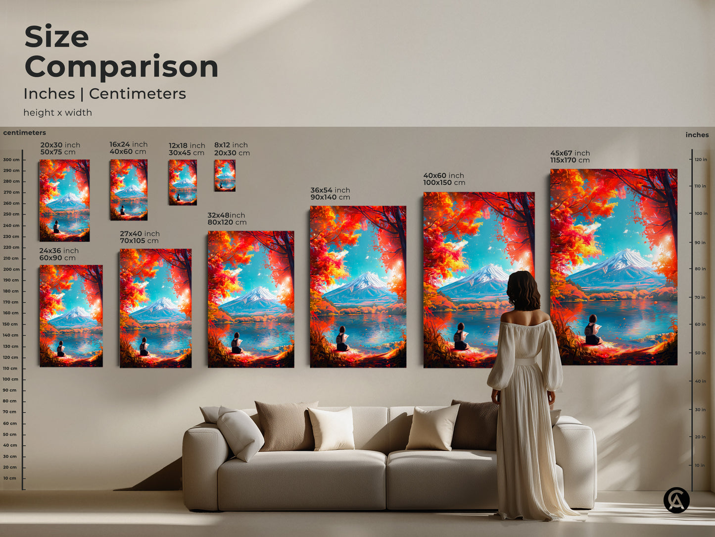 Size comparison of artwork featuring Mount Fuji and a girl reading. See how different sizes fit with furniture. Visualize the perfect fit for your space and transform your home decor. Explore our collection today.