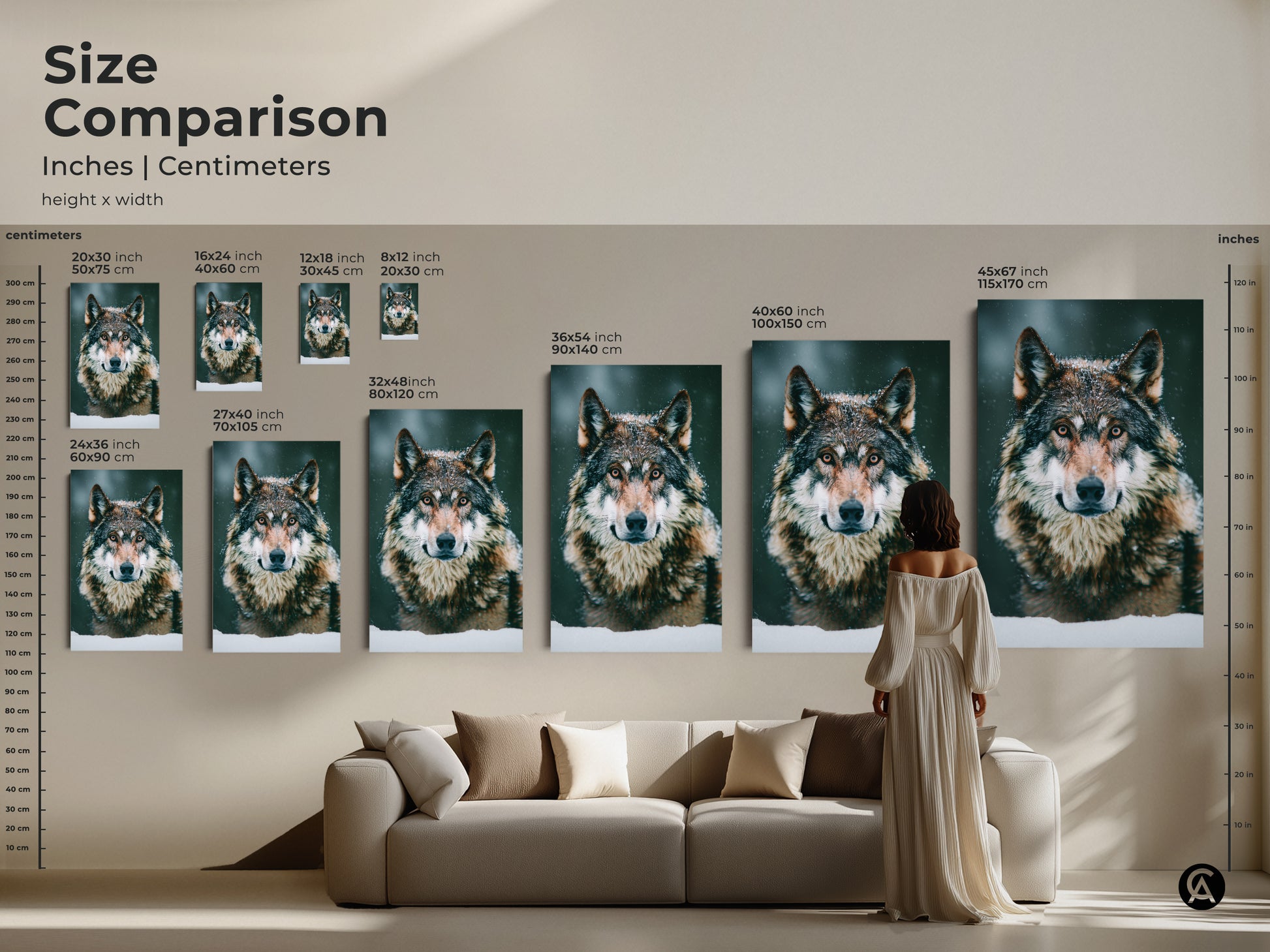 Size comparison of the photorealistic wolf artwork. Inches and centimeters are listed for each print. This snowy forest wolf print is perfect for any room. Add wildlife animal art to your decor. Available as a canvas or poster print. A great wolf lover gift idea.
