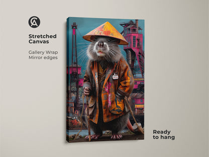 Stretched canvas showcasing a surreal rat king. It shows industrial crane wall art with gallery wrapped mirror edges. The eclectic animal decor is a ready to hang orange teal artwork for your wall.