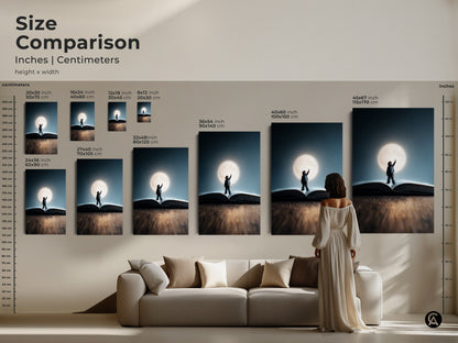 Size comparison of surreal child dream art prints displayed above a couch. This artwork shows a child reaching for the moon while standing on an open book. Available in multiple sizes for any room.