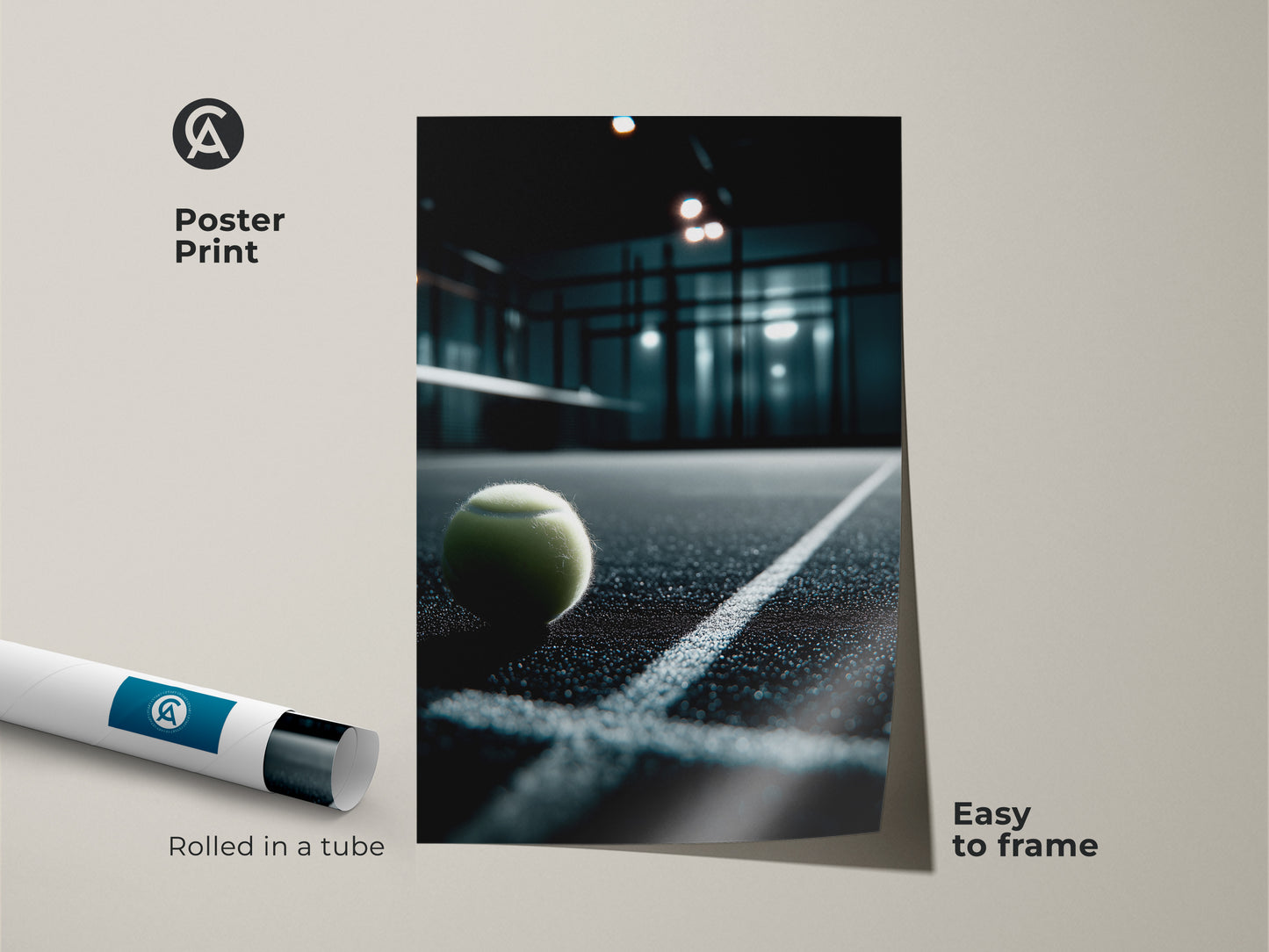 This poster print displays a padel tennis ball on the court. It's rolled in a tube for easy framing. The artwork captures the essence of the sport. It's a simple and stylish way to decorate your walls. Get your padel tennis poster now.