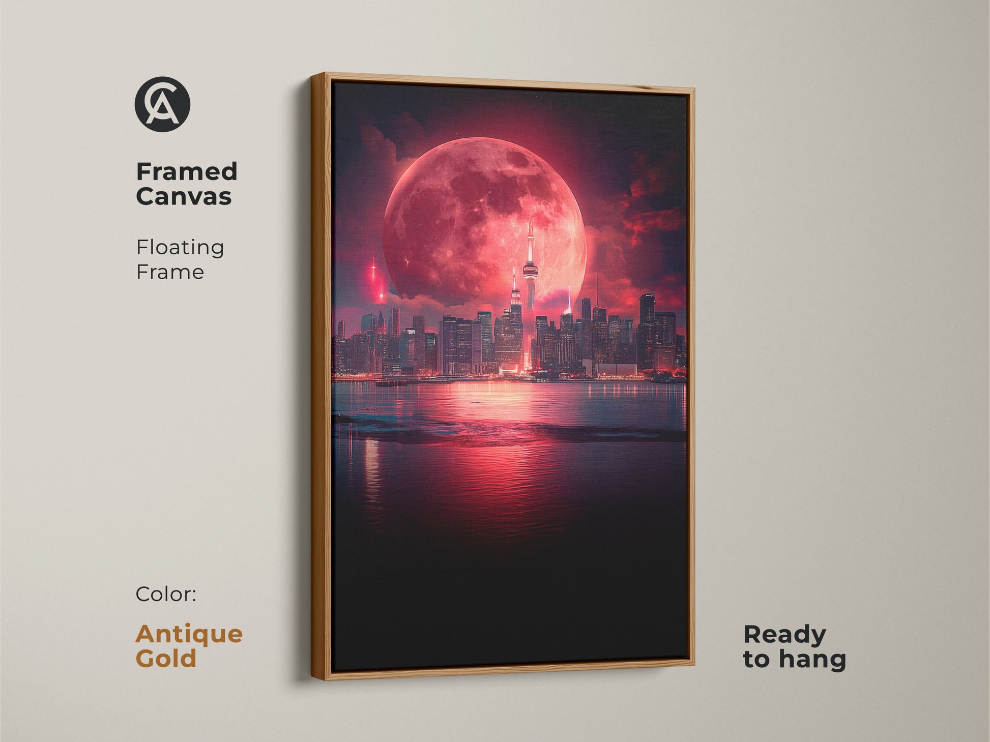 Framed canvas art displaying a surreal cityscape under a vibrant red moon. The antique gold floating frame adds a touch of elegance. Ready to hang this fantasy landscape art is perfect for a romantic cityscape decor. A unique gift idea for him