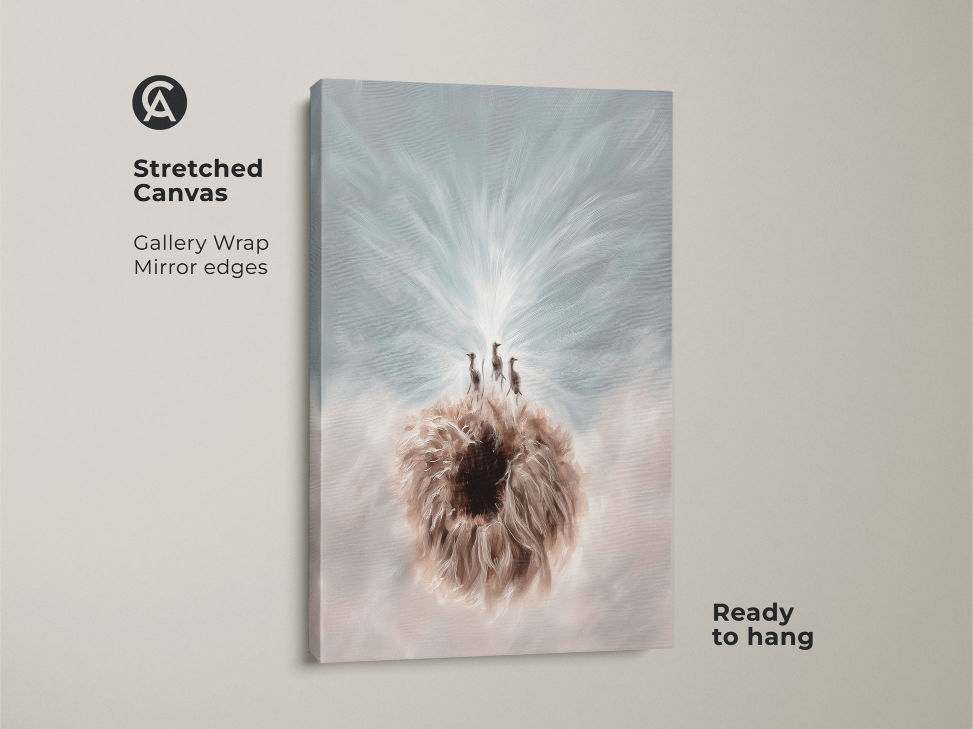 Explore the Surreal Meerkat & Dandelion canvas art on a stretched canvas. Ready to hang this boho fantasy animal wall decor features a gallery wrap with mirrored edges. Perfect for animal lovers.