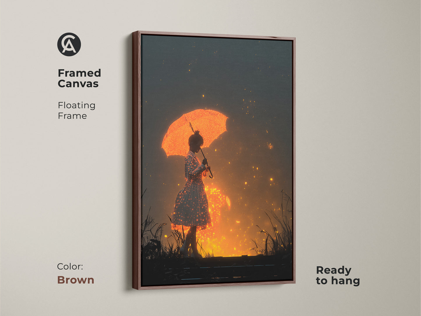 Framed canvas featuring a girl with an orange umbrella in a brown frame. The fantasy digital art wall art has orange sparkling lights. It is a dreamer gift for bedroom decor. The surrealism figurative art print has whimsical glowing art decor. 