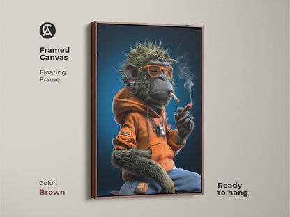 This is a brown framed canvas of a graffiti monkey art print. The urban street art canvas features a monkey in an orange hoodie smoking. Its ready to hang. This eclectic home decor is a cool hip hop fan gift.