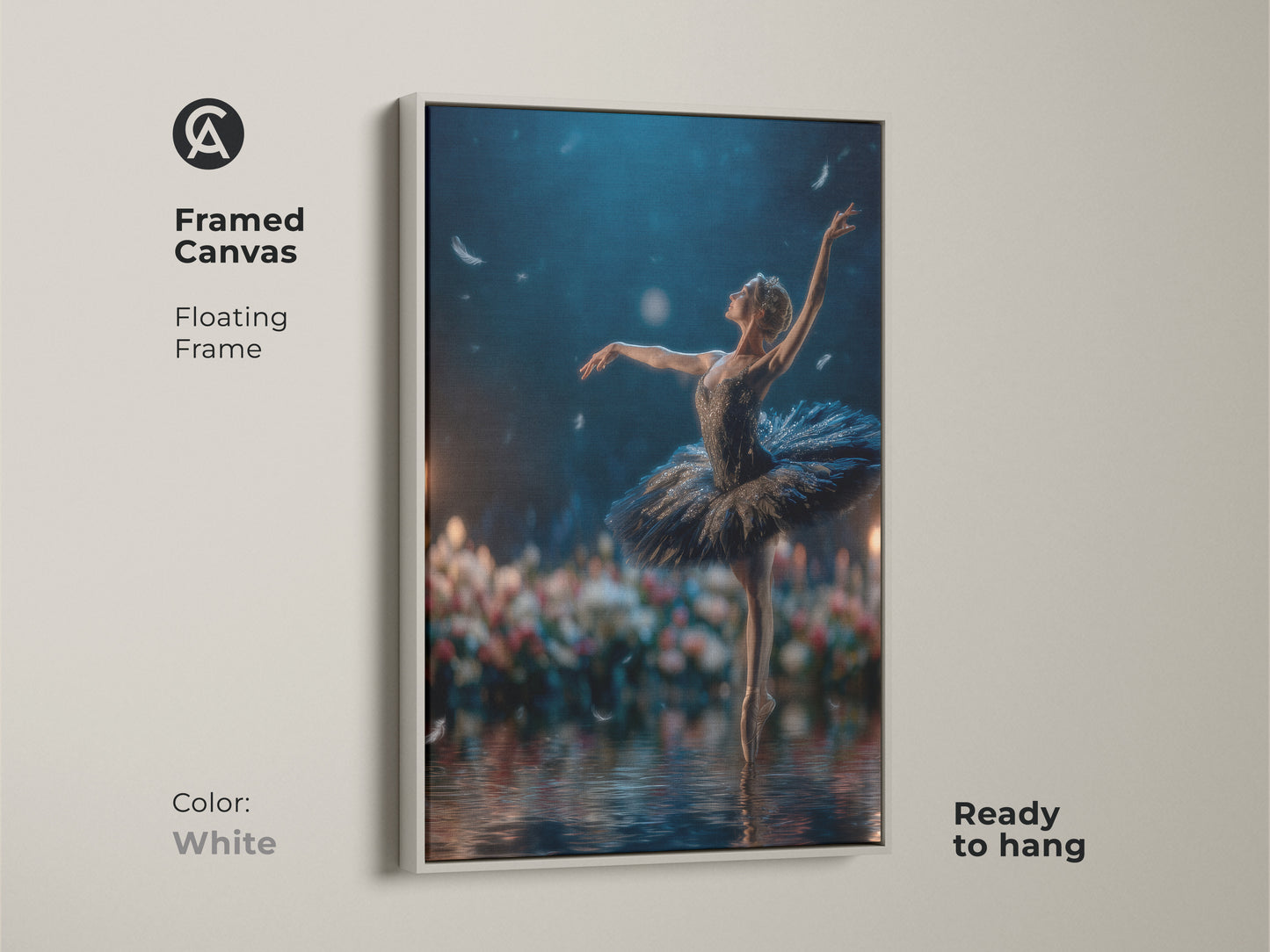 Framed canvas artwork with a white floating frame. The ballerina artwork brings a sense of peace. Ready to hang this piece is a versatile addition. The white frame offers a clean and modern look. Perfect for minimalist and contemporary homes.
