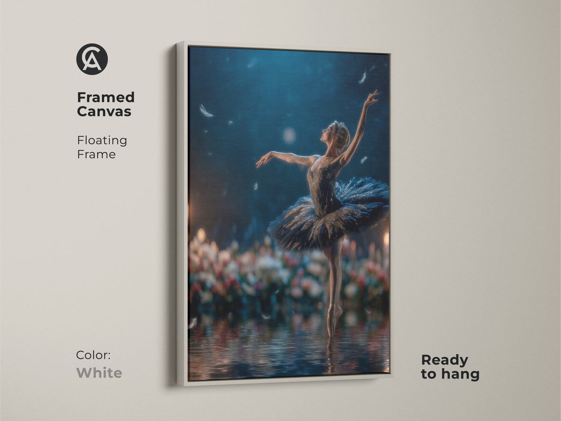 Framed canvas artwork with a white floating frame. The ballerina artwork brings a sense of peace. Ready to hang this piece is a versatile addition. The white frame offers a clean and modern look. Perfect for minimalist and contemporary homes.