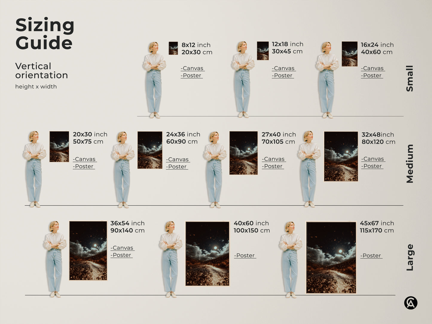 A sizing guide shows a moonlit road artwork in various sizes. From small to large these canvas and poster prints fit any space. The dark brown landscape features gray and orange accents. It's eclectic home decor for adventure lovers. The nature wall art captures a celestial night sky. Perfect for travel enthusiasts.