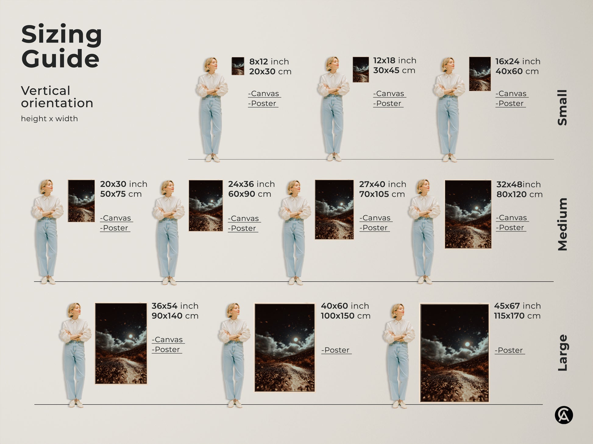 A sizing guide shows a moonlit road artwork in various sizes. From small to large these canvas and poster prints fit any space. The dark brown landscape features gray and orange accents. It's eclectic home decor for adventure lovers. The nature wall art captures a celestial night sky. Perfect for travel enthusiasts.