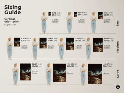 A sizing guide shows a moonlit road artwork in various sizes. From small to large these canvas and poster prints fit any space. The dark brown landscape features gray and orange accents. It's eclectic home decor for adventure lovers. The nature wall art captures a celestial night sky. Perfect for travel enthusiasts.