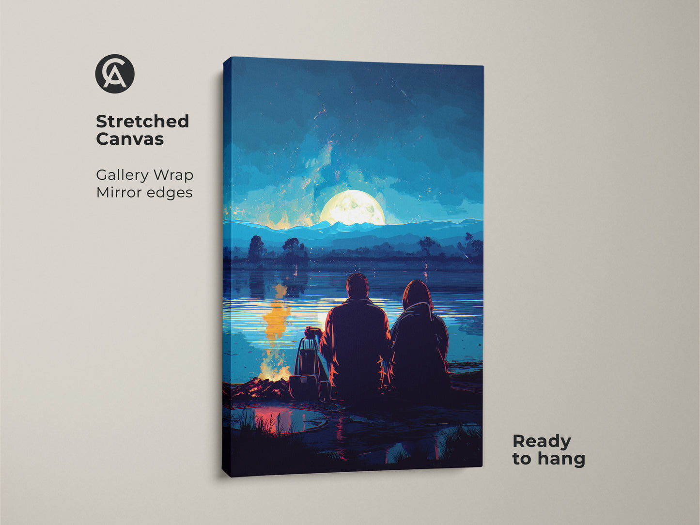 Gallery wrapped stretched canvas art. Couple sits by a campfire under a full moon. A lake reflects the celestial scene. Teal blue landscape painting ideal as modern wall decor. Ready to hang art.