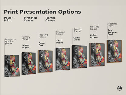 Explore print presentation options for 'Mother and Child' artwork. Choose from poster prints stretched canvas and framed canvas. Select museum-quality paper or gallery wrap. Frame colors include black brown antique gold oak and white. Find the perfect family love art print for your eclectic home decor.