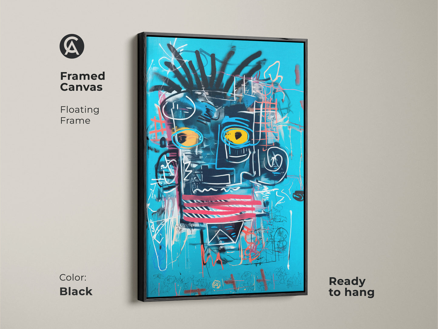 Enhance your decor with this framed canvas art. The floating frame adds depth to the abstract face artwork. The blue canvas and black frame create a bold statement. The art is ready to hang and display.