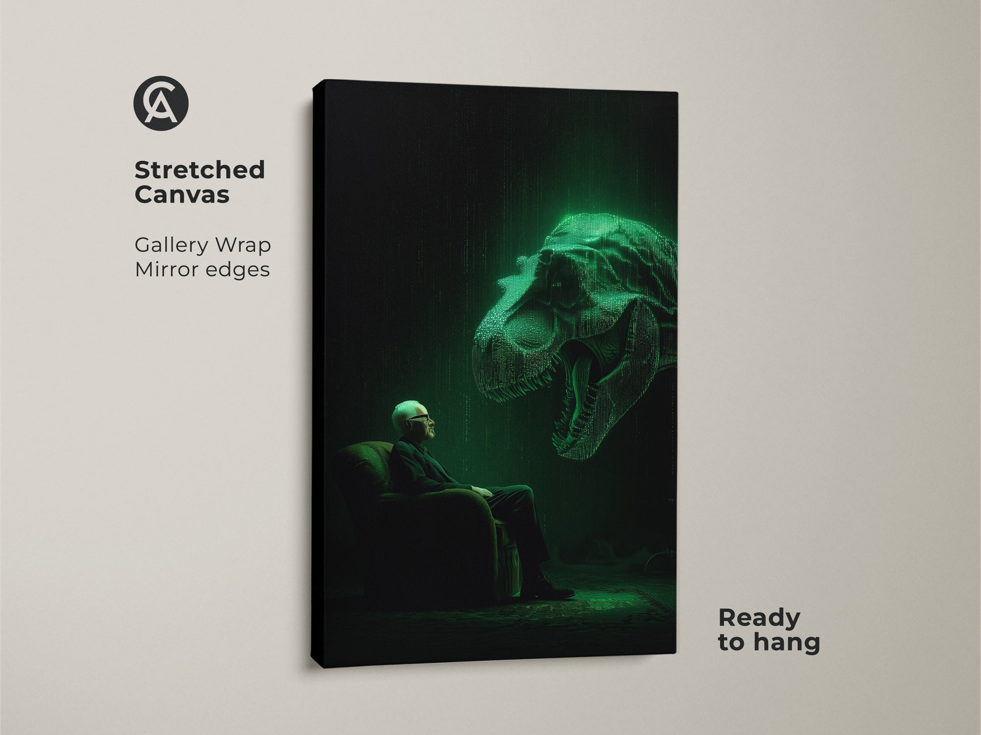 This stretched canvas art features a man facing a glowing T-Rex head. The gallery wrap and mirrored edges add a polished look. It's ready to hang adding a modern touch to any room. This unique piece is a conversation starter.