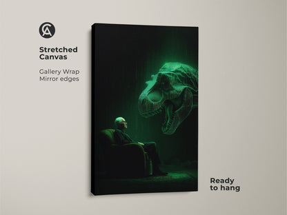 This stretched canvas art features a man facing a glowing T-Rex head. The gallery wrap and mirrored edges add a polished look. It's ready to hang adding a modern touch to any room. This unique piece is a conversation starter.