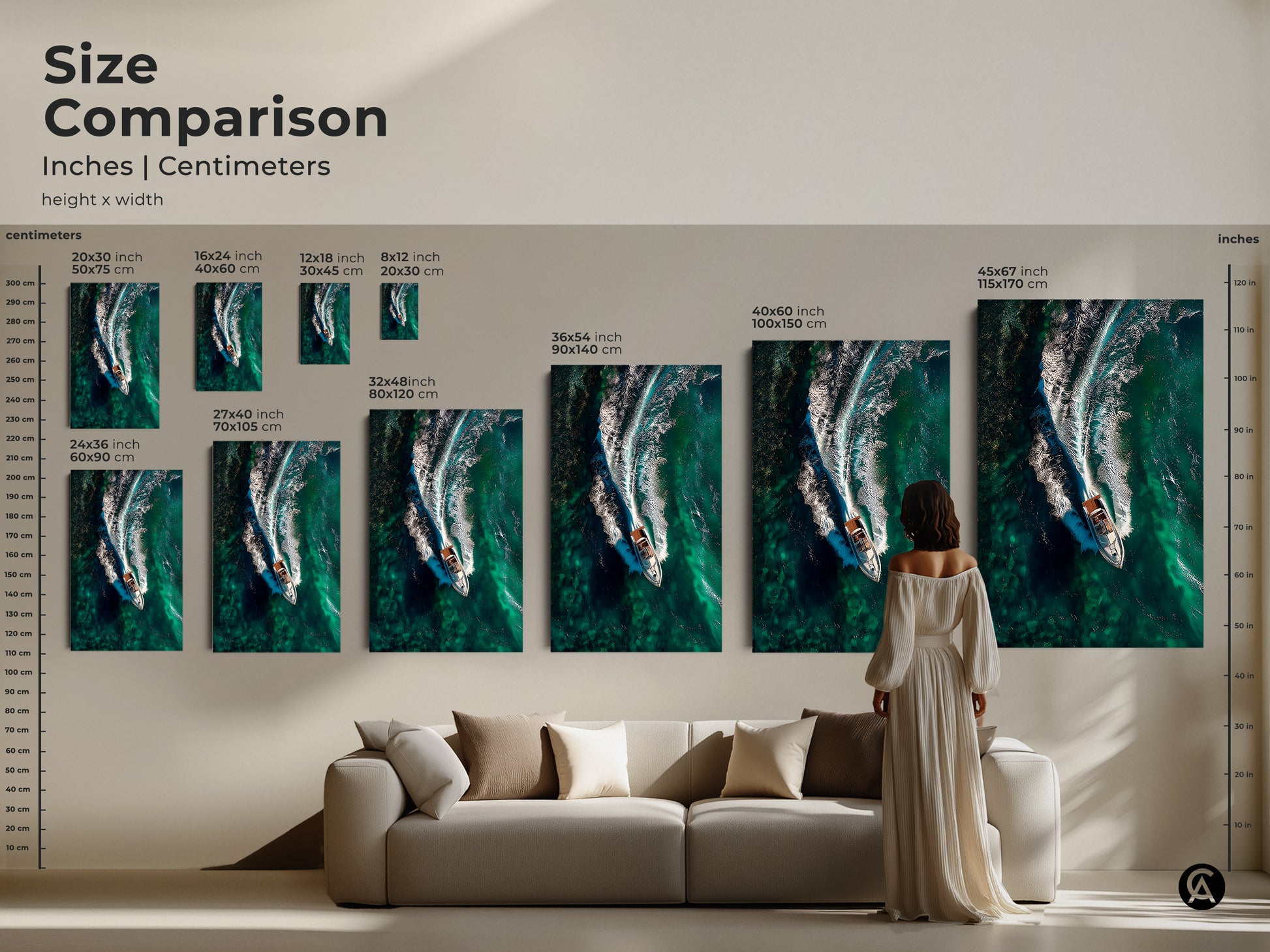Compare sizes of this speedboat art in inches and centimeters. The aerial view captures a boat slicing through emerald green waves. This contemporary nautical artwork is perfect for home office wall decor. This piece adds a touch of luxury travel to your space. Find the ideal fit for your living room or bedroom with this modern abstract seascape.