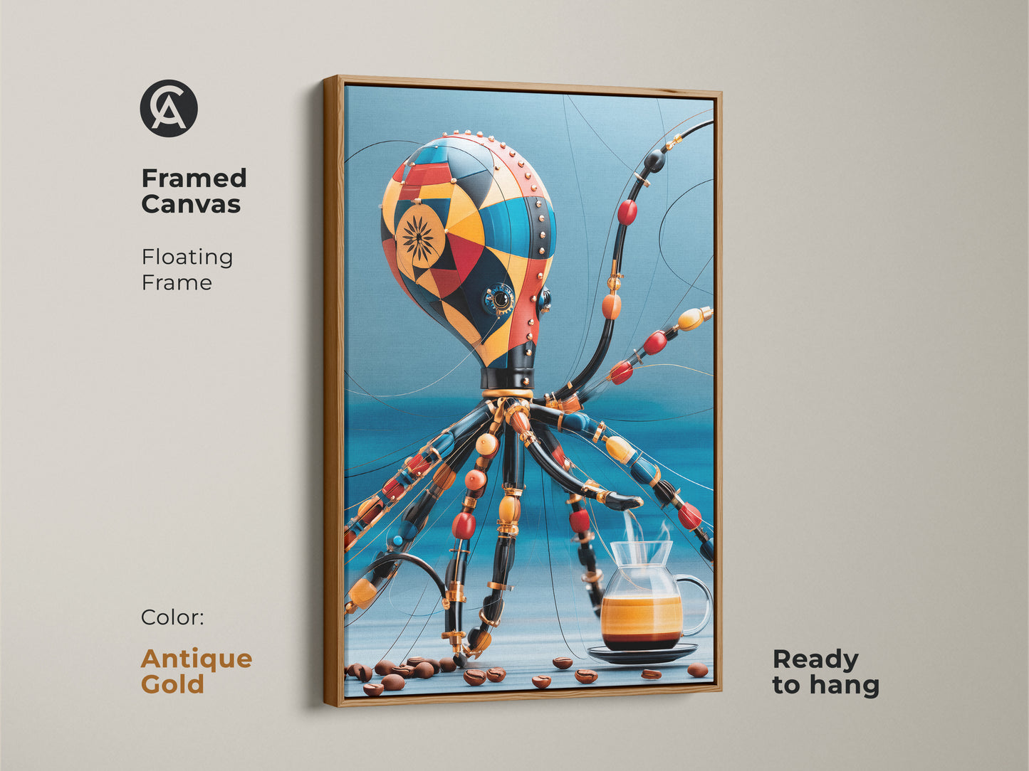 A framed canvas Steampunk Octopus artwork in an antique gold floating frame. Surreal coffee art displayed. The piece is great octopus wall art for a Kitchen. Great gift idea for coffee lovers. It works with eclectic cafe decor. Notice the red orange and blue wall art.