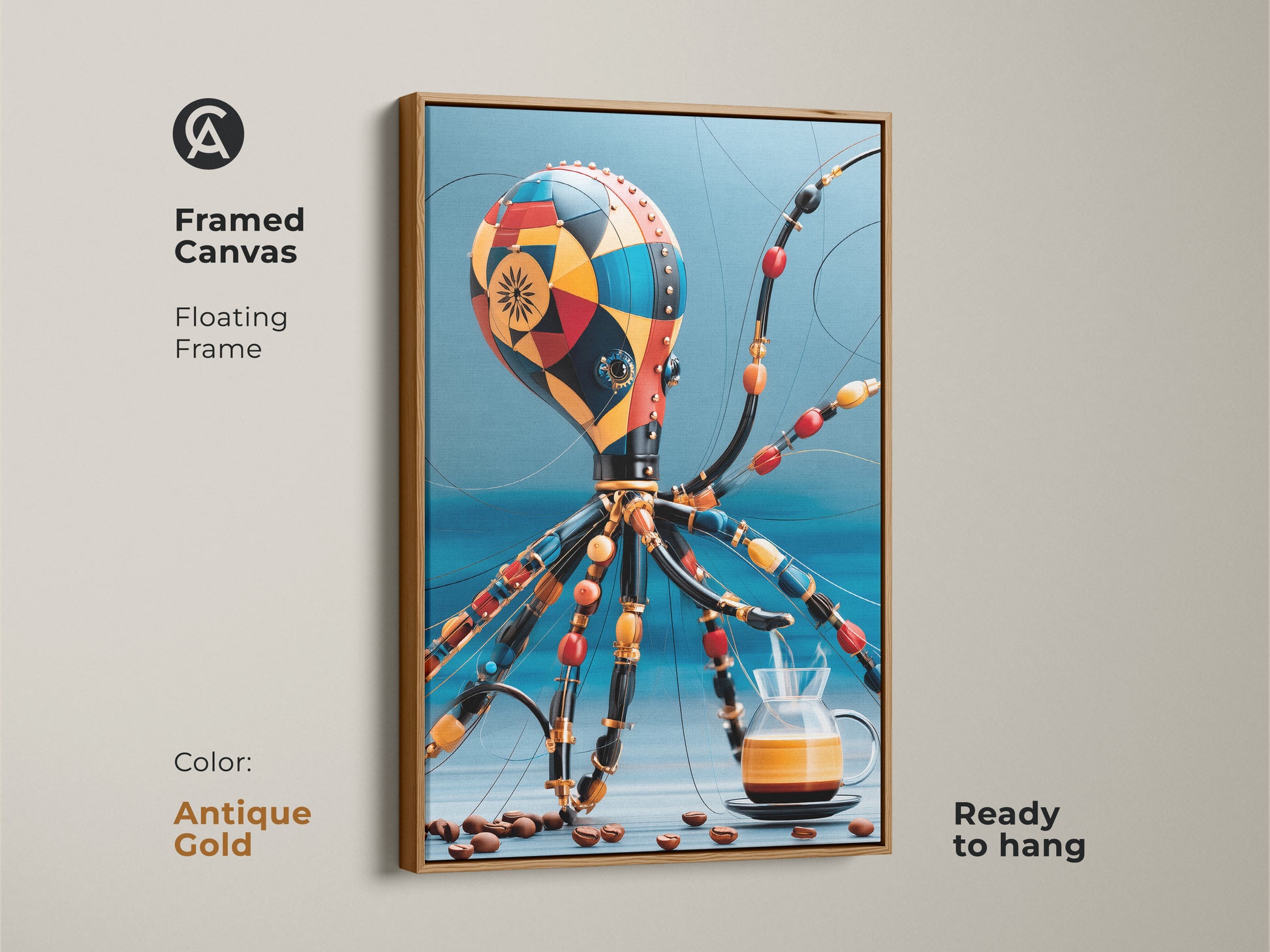 A framed canvas Steampunk Octopus artwork in an antique gold floating frame. Surreal coffee art displayed. The piece is great octopus wall art for a Kitchen. Great gift idea for coffee lovers. It works with eclectic cafe decor. Notice the red orange and blue wall art.