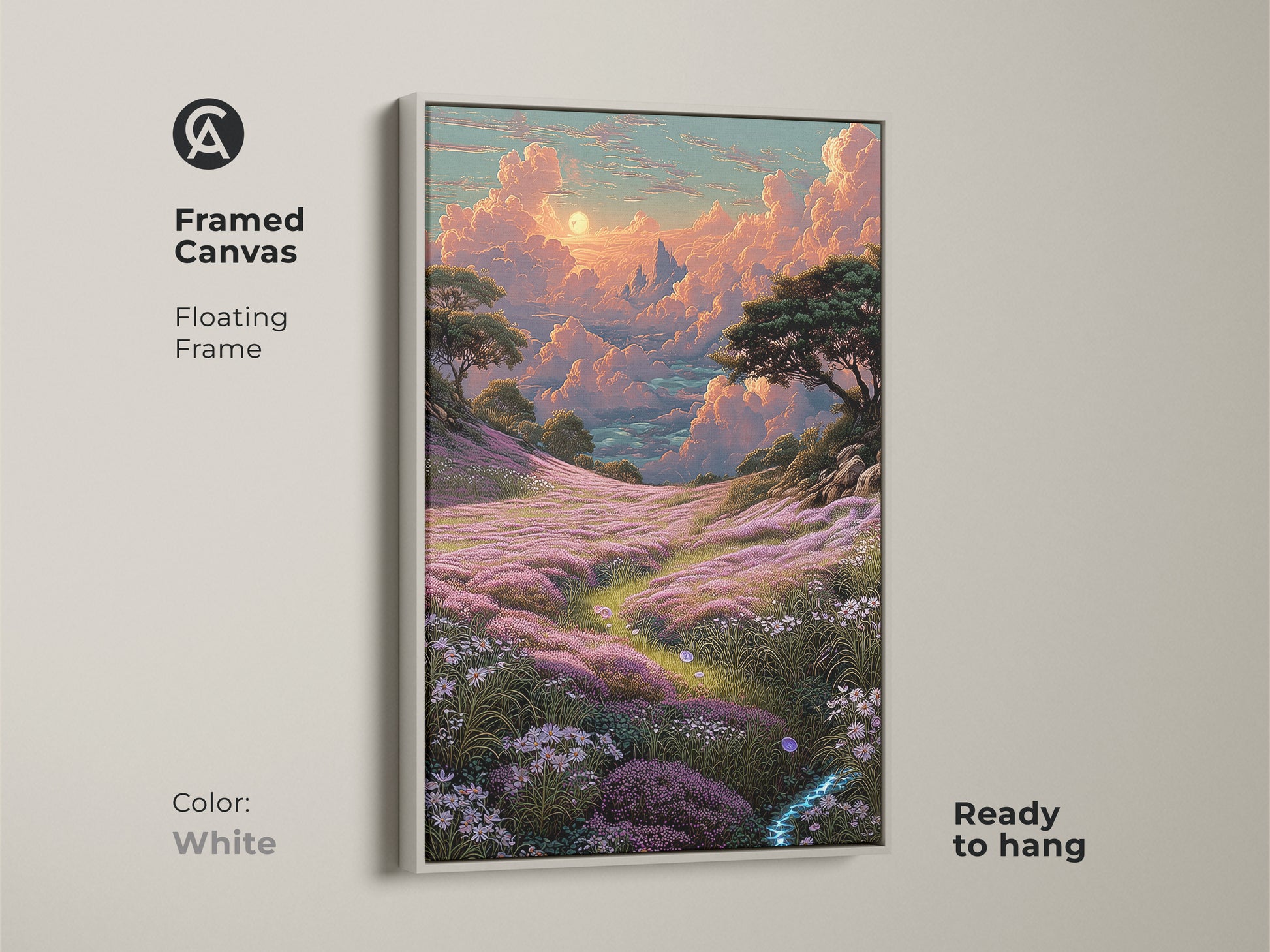 Framed canvas of a fantasy landscape wall art. The dreamy cloud canvas print showcases flower field art decor. The bohemian nature scenery is pink orange and teal. It's ready to hang in a white floating frame. The artistic landscape print features a whimsical sky. A scenic nature canvas for a housewarming gift.