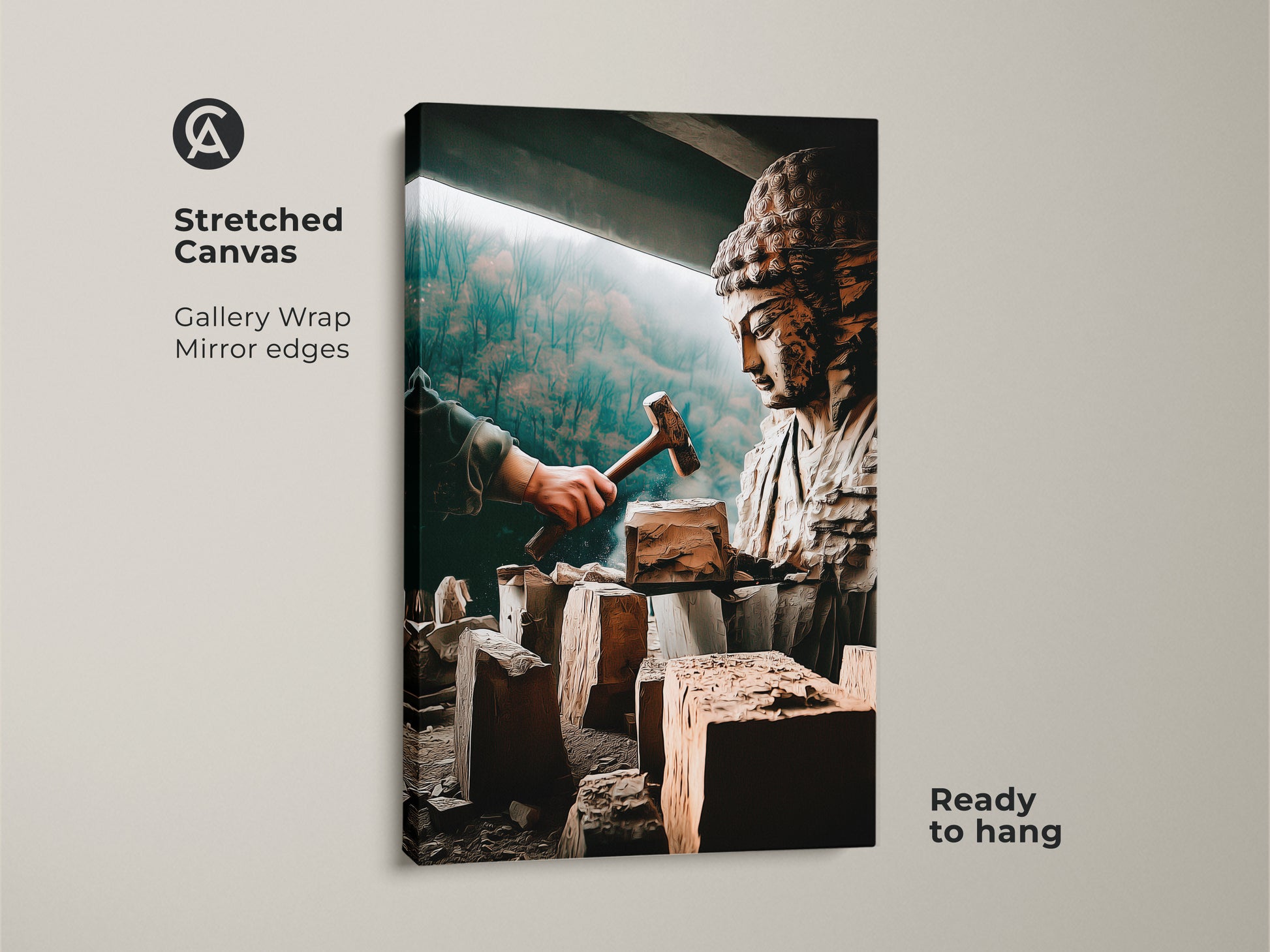 A spiritual Buddha sculpture on a stretched canvas. The gallery wrap has mirror edges. This artistic figurine canvas print features bronze brown and teal colors. It's ideal for meditation room decor or study room wall art. This carved Buddha artwork is ready to hang.