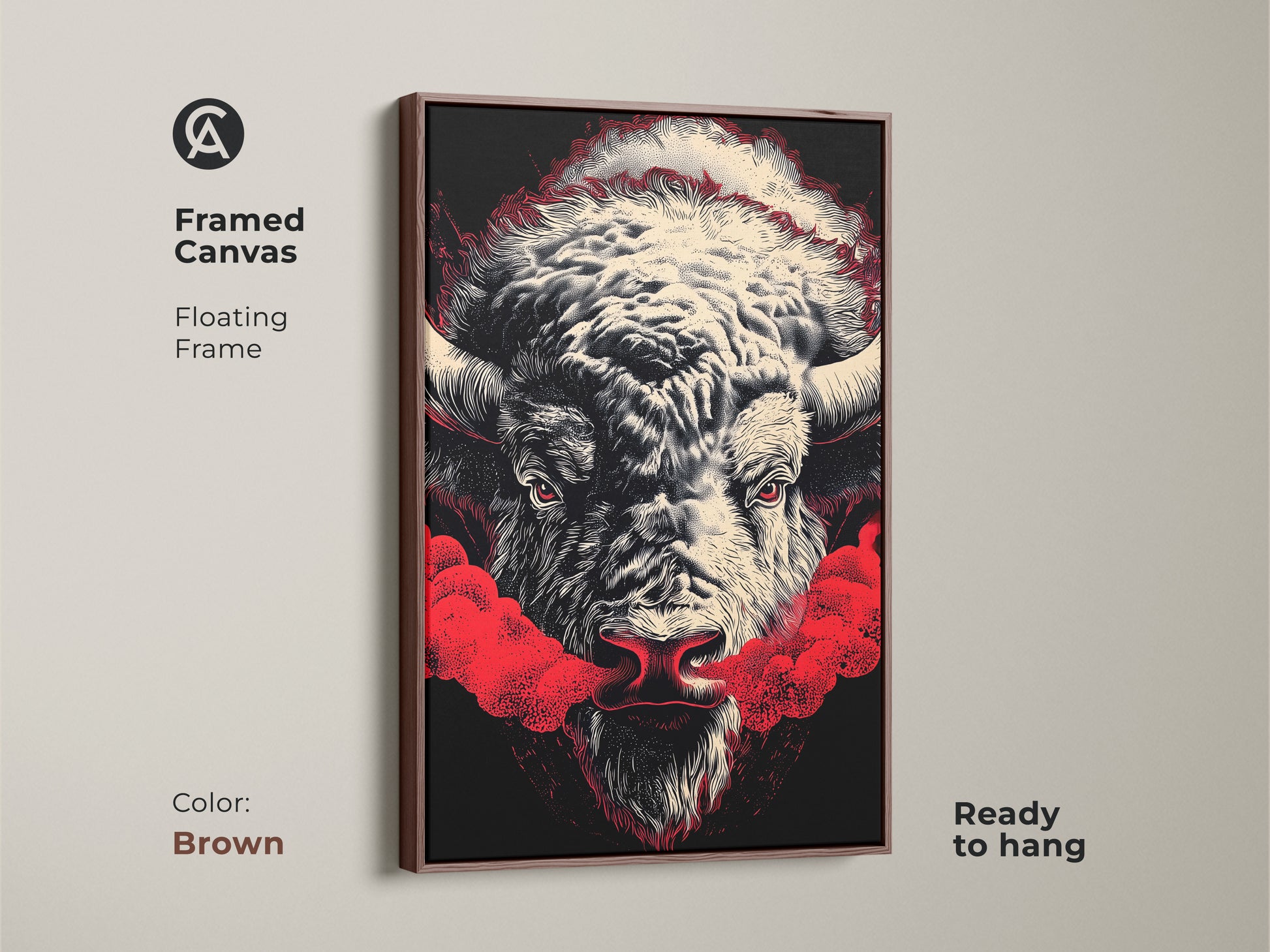 Framed canvas with a floating frame showcases a buffalo artwork. The brown frame enhances the art's rich details. The buffalo has a black background with striking red accents. It is ready to hang and perfect for any room. It adds a touch of rustic charm.
