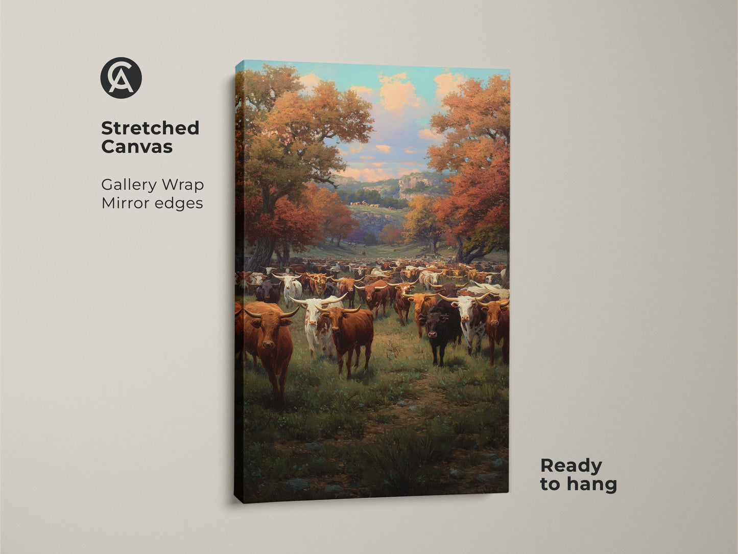 Stretched canvas featuring a herd of cattle in an autumn landscape. This ready to hang artwork offers a gallery wrap with mirrored edges. Perfect for farmhouse decor and rustic wall art. Bring the charm of the countryside into your home with this canvas print.