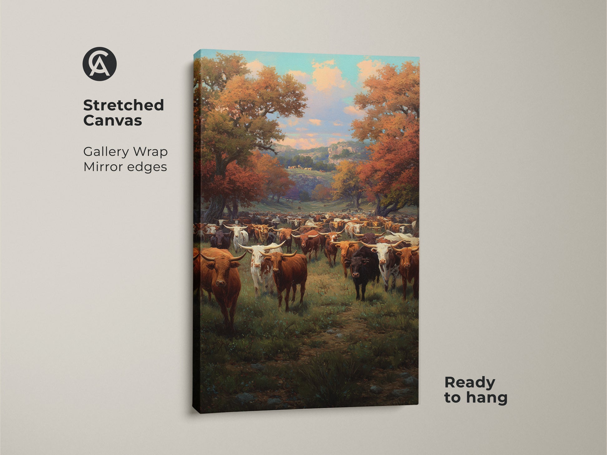 Stretched canvas featuring a herd of cattle in an autumn landscape. This ready to hang artwork offers a gallery wrap with mirrored edges. Perfect for farmhouse decor and rustic wall art. Bring the charm of the countryside into your home with this canvas print.