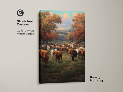 Stretched canvas featuring a herd of cattle in an autumn landscape. This ready to hang artwork offers a gallery wrap with mirrored edges. Perfect for farmhouse decor and rustic wall art. Bring the charm of the countryside into your home with this canvas print.