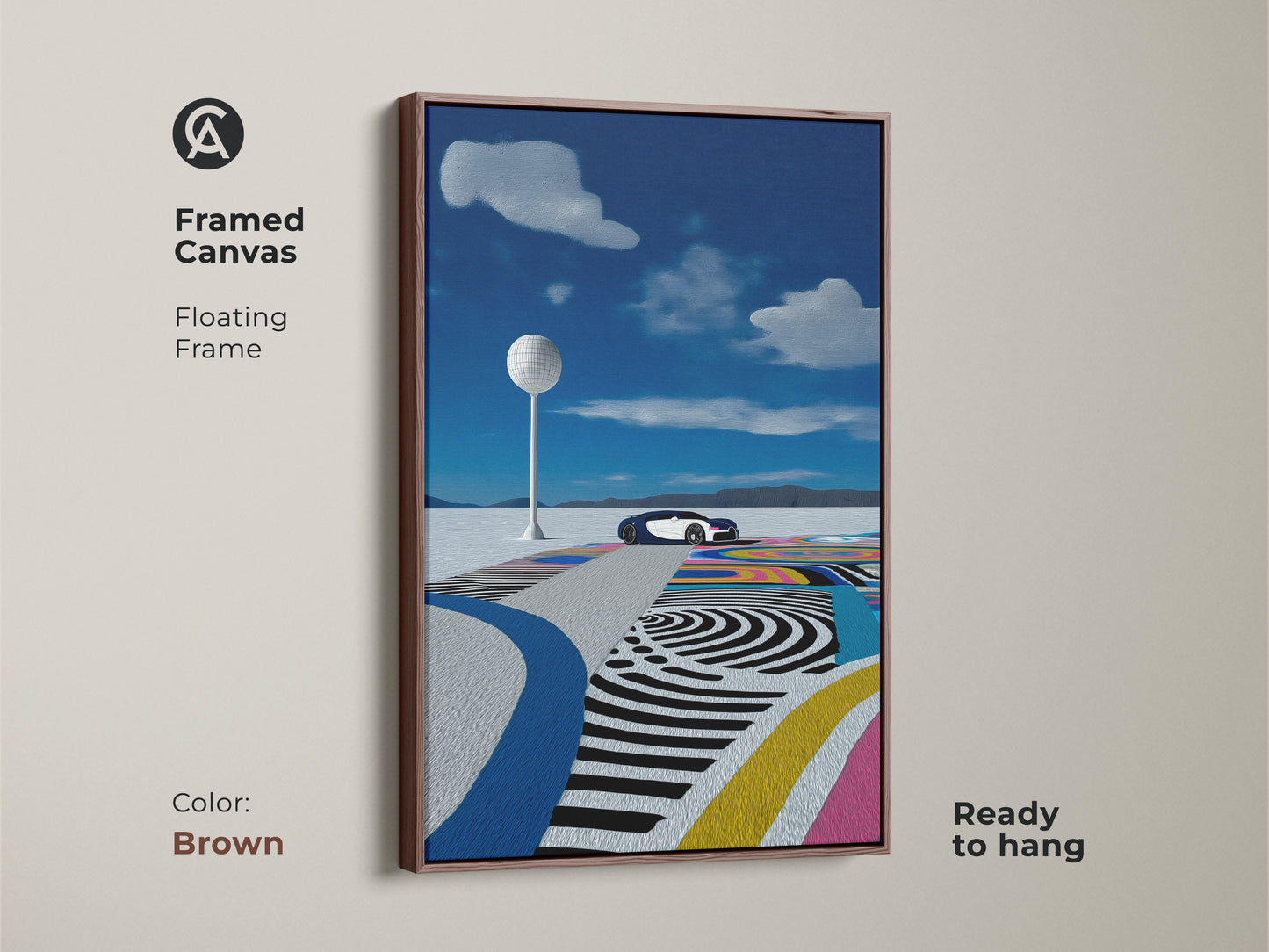 Framed canvas with a floating brown frame presents a futuristic car in a surreal desert scene. The modern automotive artwork is in electric blue and teal. Perfect for a den or office. Ready to hang and adds a contemporary touch. Ideal for car enthusiasts wall decor.