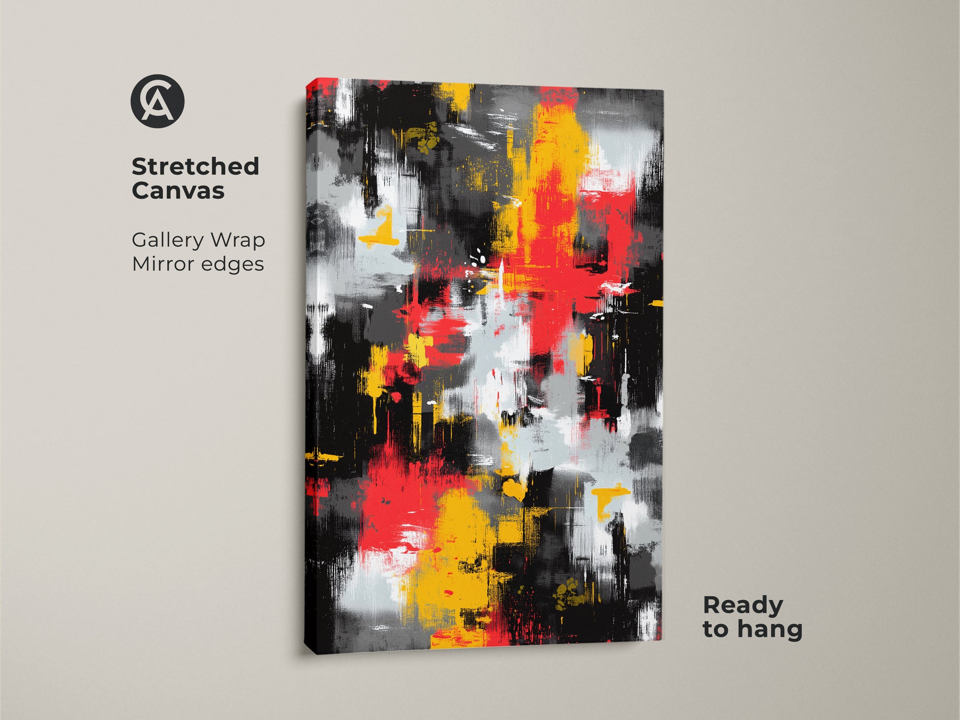 Stretched canvas featuring an abstract painting ready to hang. The gallery-wrapped canvas has mirror edges. The modern artwork includes red yellow and black brushstrokes. Elevate your home decor with this vibrant piece.