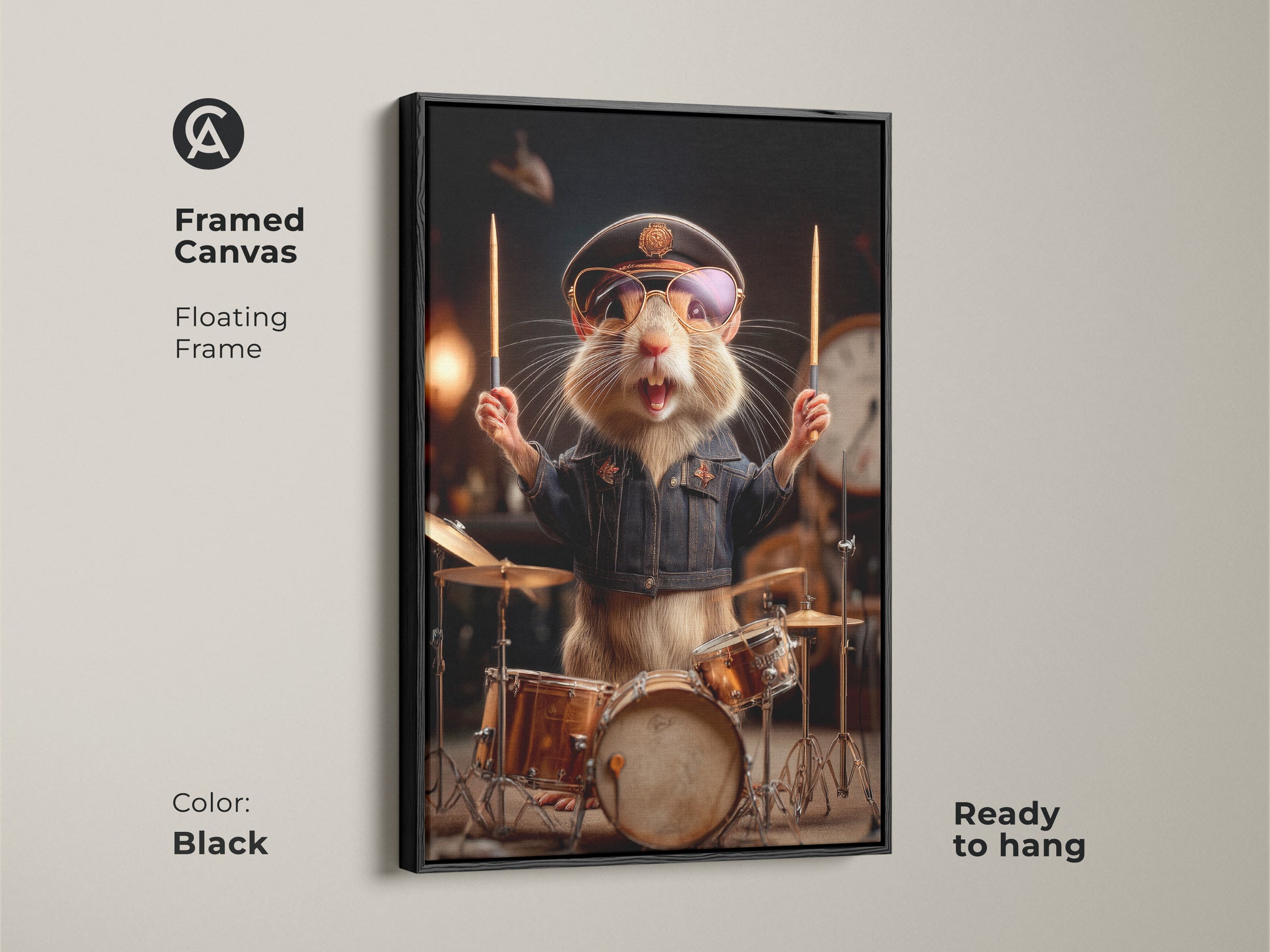 Framed canvas featuring a hamster drummer ready to rock. The floating frame is black. The animal plays drums in this cool music art. It's a unique wall hanging for music themed gift ideas. It's ready to hang.