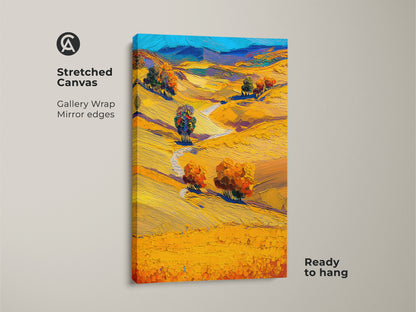 Stretched Canvas of an impressionistic trees art print on rolling hills wall decor. The artwork captures autumn nature. The golden yellow landscape canvas has gallery wrapped mirror edges making it ready to hang. Ideal contemporary landscape canvas for bringing an outdoor scenic nature to bedroom or living room walls.