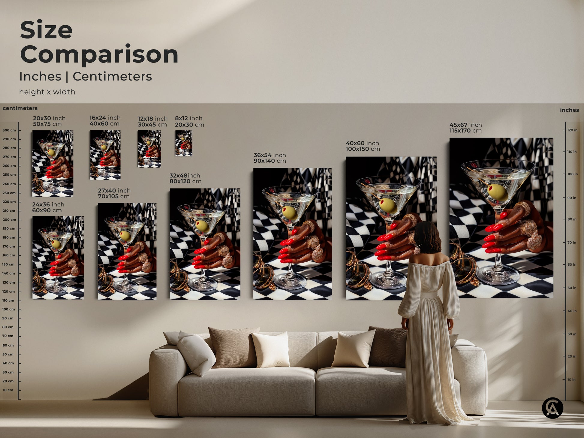 Size comparison of martini art prints in inches and centimeters. Canvas and poster art sizes range from 20x30 cm to 45x67 inch. Featuring glamorous art deco cocktail artwork with gold jewelry red nails and a black and white checkered background. Add a sophisticated touch to your home decor.