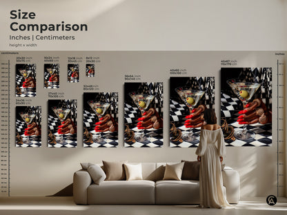 Size comparison of martini art prints in inches and centimeters. Canvas and poster art sizes range from 20x30 cm to 45x67 inch. Featuring glamorous art deco cocktail artwork with gold jewelry red nails and a black and white checkered background. Add a sophisticated touch to your home decor.