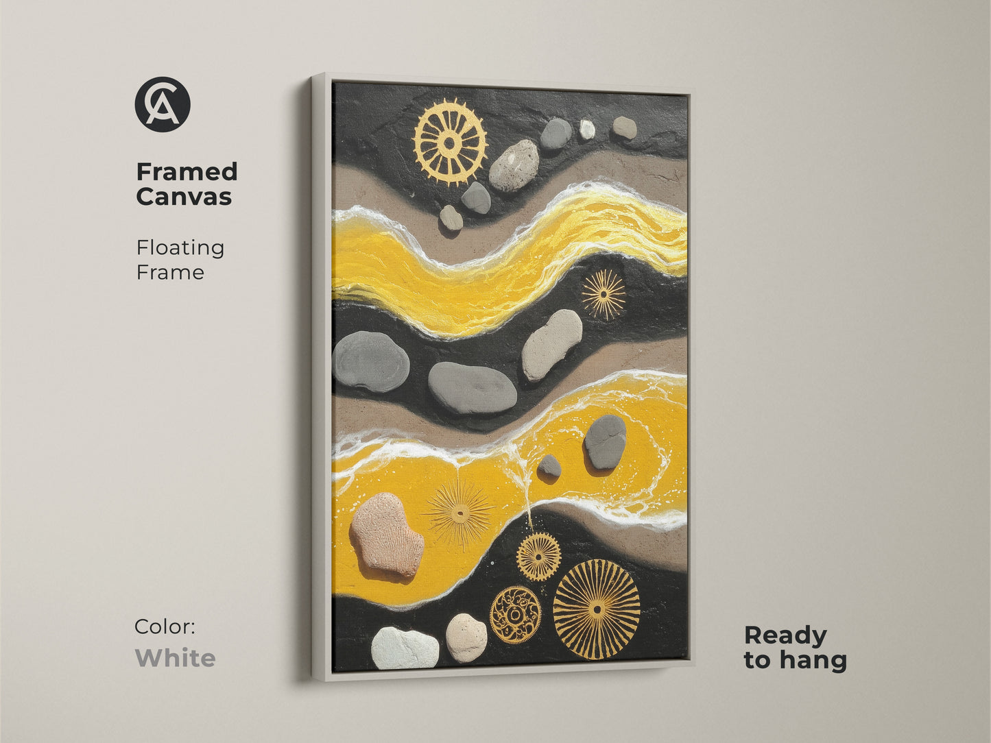 White framed canvas showcasing a yellow and black abstract. This ready-to-hang artwork features textured pebble and gear art. This contemporary print adds an eclectic touch to any room decor.