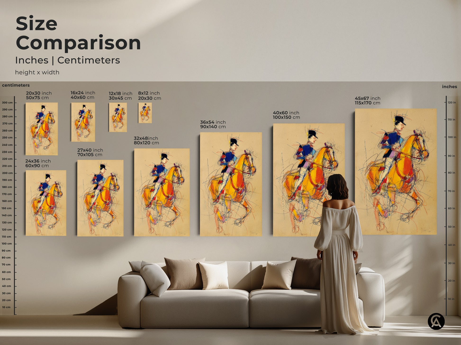 Size comparison of horse rider art prints. See how the artwork looks in different dimensions. From small to large sizes in inches and centimeters. Expressionist style in yellow blue and red. Ideal for any living room or study.