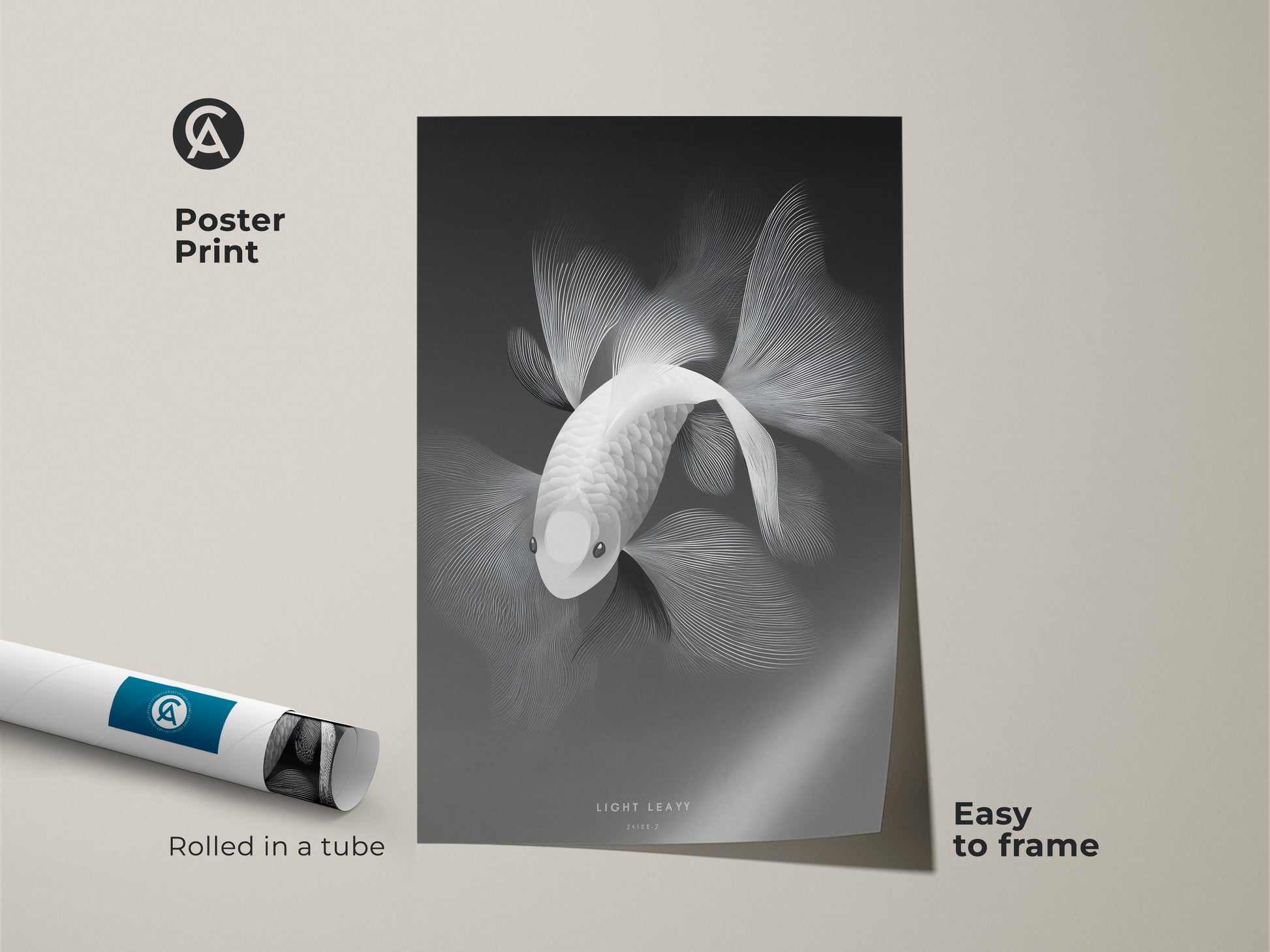 Poster print of a monochrome fish artwork. This affordable art option comes rolled in a tube. It's easy to frame and display. The poster is a simple way to add artistic flair to your space. Get your rolled art poster today and elevate your interior.