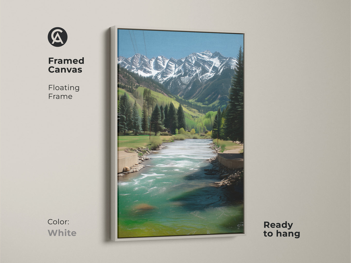 Framed canvas art with a white floating frame. Realistic mountain river landscape artwork with snowy peaks and teal blue water. This ready to hang piece brings a serene rustic nature to your home.