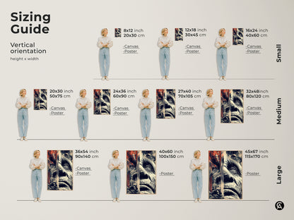 Sizing guide for vertical glitch art. Canvas and poster print options are shown in various sizes. Each features an old man's face in an abstract portrait. Geometric artwork combines terracotta beige and navy tones for unique wall art.