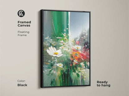 Framed canvas features an impressionistic botanical scene. This emerald green wildflower artwork is ready to hang. Black floating frame enhances the teal and white nature art. Perfect for a dining room or as a housewarming gift for plant lovers.