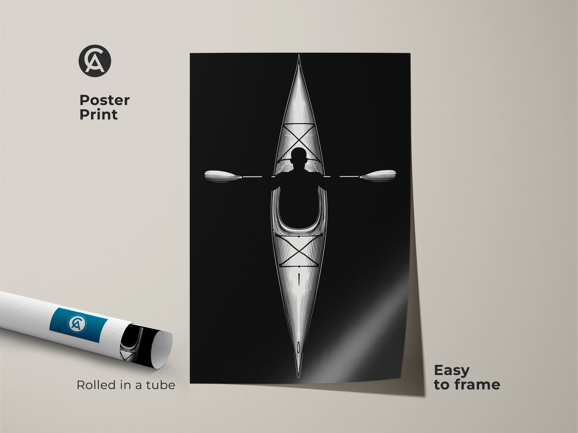 Poster print of minimalist kayak line artwork rolled in a tube. This black and white paddler print is easy to frame. Perfect for modern minimalist art and adventure themed decor.
