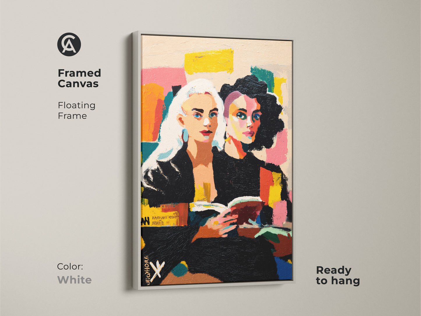 Framed canvas showcasing abstract portrait artwork. Two women are reading a book. The floating frame color is white and ready to hang. This expressive figurative art adds a contemporary touch to any space. A unique eclectic home decor print. Perfect as a book lover gift.